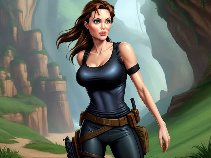 (intricate portrait:1.2) masterpiece of (Lara Croft from Tomb Rider:1.3) on top of a mountain, clean face, unreal stormy sky and a ruined city in the background, (front view:1.1), centered, looking at the camera, (tight ruined green top shirt:1.2), (big breast:1.4), tight brown pants, brown hair tied back, (highly detailed:1.2), volumetric light, photorealistic, cinematic lighting, natural light, unreal engine, smooth skin, glowing skin, detailed hair, detailed face, intricate details