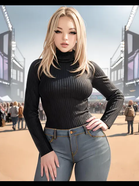 alxistxass, a photo of an extremely sexy woman with long flowing blonde hair, hands on hips, detailed skin, (long sleeved turtleneck and jeans1.2), (thick thighs:1.2), in the middle of a music festival outdoors, HDR, 8K, matte, interesting background, emotional scene, film still, (cinematic:1.3), soft lighting, <lora:epiNoiseoffset_v2:0.2>, <lora:lit:0.4>