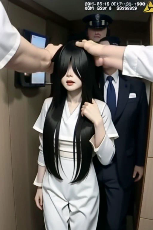 Bodycam Footage of sadako being arrested, hair over eyes, pale skin, grey skin