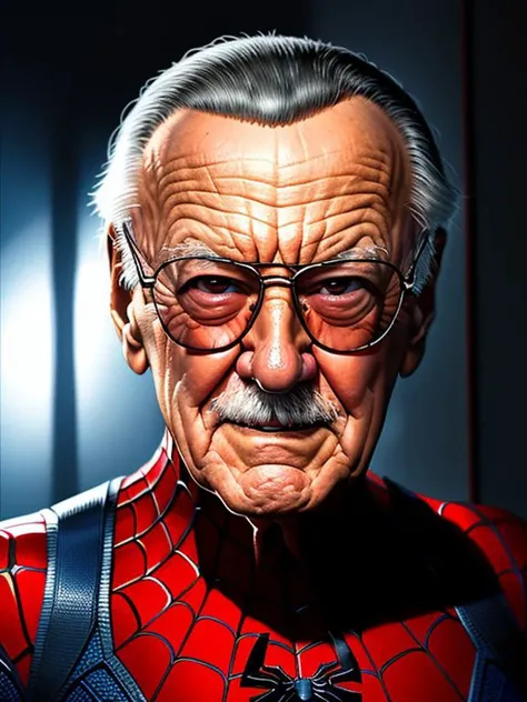 Stan Lee is spider-man unmasked, mask removed,
extremely detailed, digital portrait, dramatic lighting,