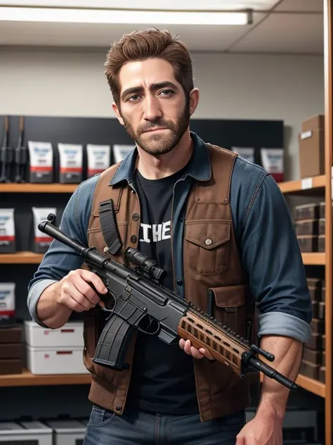 photo RAW, 3/4 shot, medium shot portrait, ultrarealistic, real_life,
jake gyllenhaal , store, shop, gun shop, gun store, weapon store, guns on walls, indoors