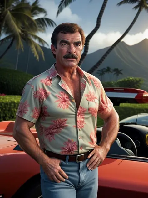 Tom Selleck wearing a hawaiian shirt and jeans, Ferrari convertible, in Hawaii, Scene from Magnum PI,
masterpiece, award winning photography, lighting, perfect composition, high detail, hyper realistic, epic, short depth of field,