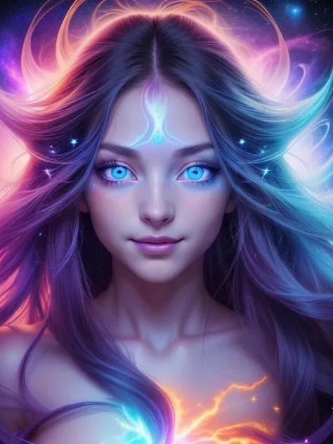 girl, long flowing hair, vibrant, portrait, face focus, space super nova, space nebulae, explosion of fiery stars, in outer space, intricate detail, ultra detailed, nude, seductive smile, explosive aura, beautiful, glowing blue eyes, arcane, <lora:LORA-XenoDetailer-v2:0.5>