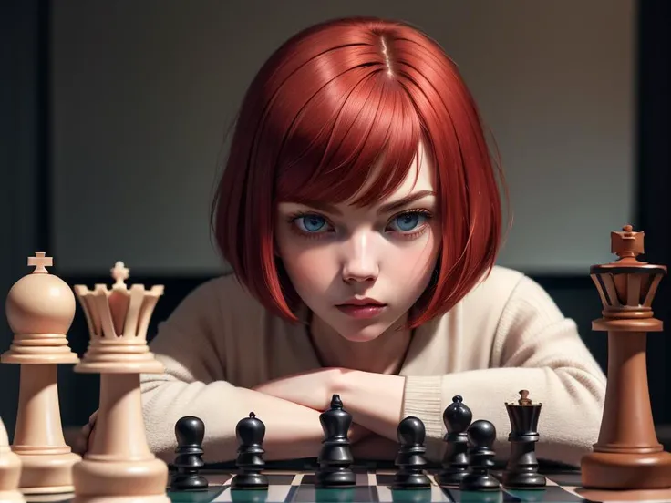 photo RAW, portrait, close shot, eye focused,
redhead bob cut Anya Taylor-Joy as a chess piece, looking at viewer across the chess board, concentrating, neutral expression, thinking about the game of chess, wide eyes ((looking at viewer)), viewing through the chess pieces, chess pieces are tiny people,
