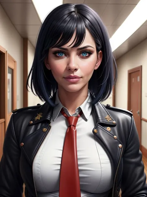 (SFW), UHD, 8k, full color ultra detailed photorealistic digital lineart painting,
black hair with bangs, madivy, leather jacket, jeans, white buttoned (shirt) with red necktie, blue eyes,  heavy makeup, 
school hallway, sexy mood,  flirting, cheeky smile, 
perfect composition, high detail, hyper realistic,dramatic lighting, epic