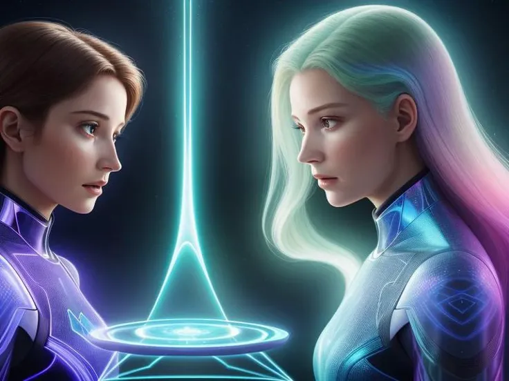 An ethereal dream, A beautiful woman having a discussion with her holographic future self,
perfect composition, high detail, hyper realistic, extremely detailed,