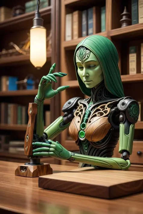 intricately detailed wood robot hand and arm functional and is carved by AI into hundreds of organic smooth wood shapes with green silicone flyknit cover, HR Giger and art nouveau, smooth lacquered, dark and light wood, and plastic joint mechanisms, in a science fictiony geppetto's workshop environment with tools on the table and shelves with shavings and sawdust and colored glowy lighting, beautiful photograph, very realistic. hand is human like has five fingers