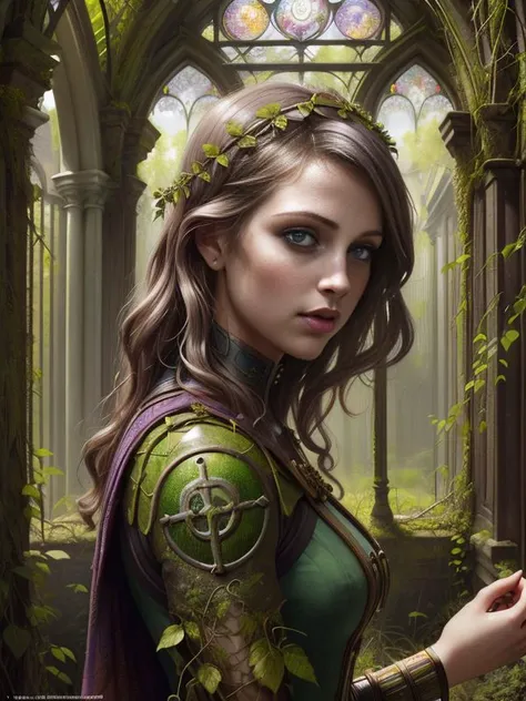 (Vivacious Photo:1.3) of (Ultrarealistic:1.3) 3/4 shot, medium shot portrait, teresa palmer, church, overgrown, vines, outdoors, moss, algae, dystopian, stained glass,,(by Artist Tom Bagshaw:1.3),Highly Detailed,(Classicism Art:1.3)