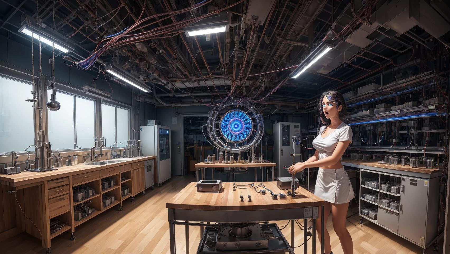 Professional photo RAW, portrait, science lab (university, scientific research machines, high top wood lab table (butcher block, wood grain, lab equipment, scientific equipment),
equipment hanging from ceiling (artciulated arms (visible hinges, wires, metal, bolts,conduit),
monitors (spirals, hypnotic glow, subliminals),
lights, sensors, wires) windows, overhead lights, electronics, 2020, laboratory),
brainwashing machine (rainbow spiral, blinking lights, brushed steel, high detail),
(mind control device:1),
hypnosis, entranced, dazed, drugged, masterpiece, best quality, 1girl,
rainbow iris, open mouth, drooling, dazed, expressionless, nsfw, small breasts, cute t-shirt (tight, aroused, latex, cotton),
Australian 19 year old, hot undergraduate, student, spiral eyes, spiral brainwash machine, looking at the spiral machine (eyes focused on machine), <lora:spiralwashv2_1544:0.15>,