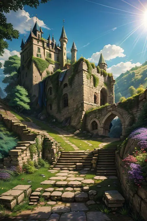 Masterpiece illustration, dynamic color, dynamic shadows, an ancient partially collapsed fantasy castle, old falling stone walls, tattered banners, old debris, gravel path leading to broken steps, boulders litter the ground with wild bushes, in a forest, puffy clouds block a bright sun, sun rays, volumetric light, far away tall towers, ambient magical light, rim light,