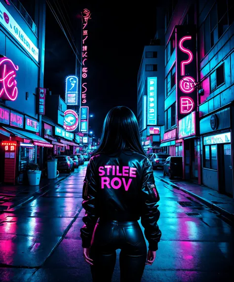 RAW photo of 1girl black hair, building, city, city lights, cityscape, cloud, dark, from behind, jacket, neon lights, neostyle, night, road, scenery, sign, table<lora:style:.8>