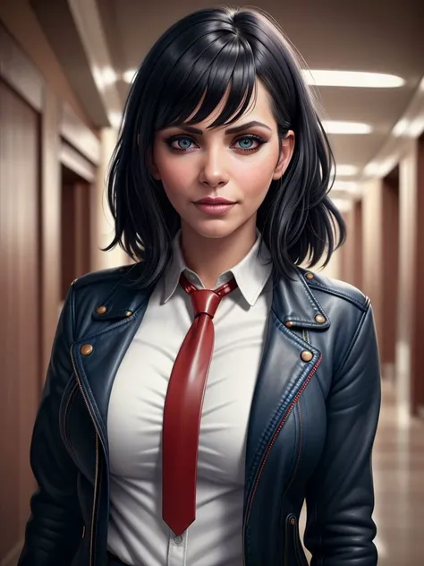 (SFW), UHD, 8k, full color ultra detailed photorealistic digital lineart painting,
black hair with bangs, madivy, leather jacket, jeans, white buttoned (shirt) with red necktie, blue eyes, heavy makeup,
school hallway, sexy mood, flirting, cheeky smile,
perfect composition, high detail, hyper realistic,dramatic lighting, epic