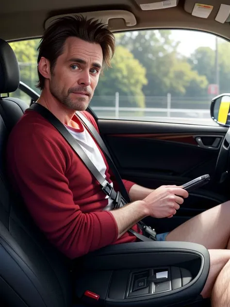 photo RAW, 3/4 shot, medium shot portrait, ultrarealistic, real_life,  
Male Actor jim carrey  ,  inside of a car, car seat, seatbelt