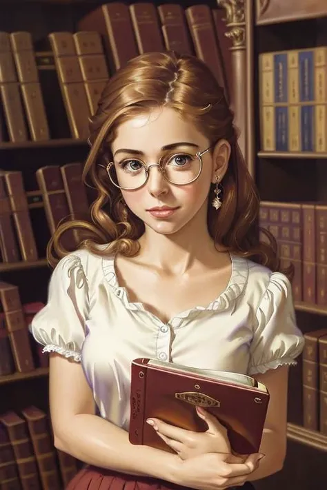 Masterpiece, best quality, hi res, 8k, hi res, 8k,  award winning , (sharp focus, intricate, highly detailed) <lora:pearlfrush:0.9> frush,painting of a surprised woman in a library, glasses