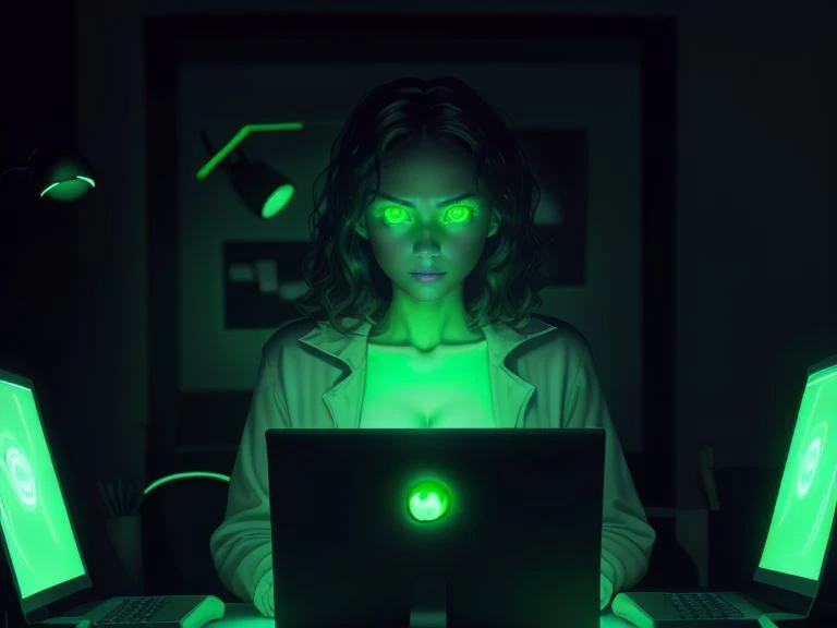 1 woman, 4k, UHD, absurdres, StareWare,
 looking at screen, desktop computer, dark room, lit by screen, soft glow, green [glowing] eyes, 
 <lora:StareWare:0.7>