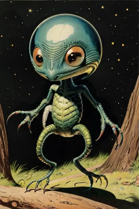 Masterpiece, best quality, hi res, 8k, hi res, 8k, award winning , (sharp focus, intricate, highly detailed) <lora:kirbywood:1> kirbywood, drawing of a strange alien creature in the wild, vintage color comics