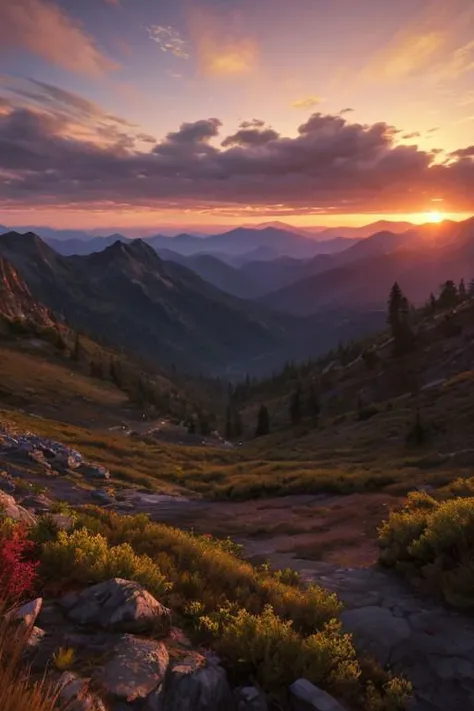 unreal engine 5 render, sunset over the mountains, sunset, mountains, extremely detailed, colorful