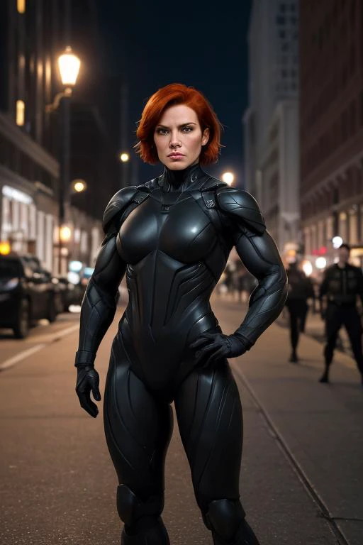 fierce woman, short auburn hair, in her late thirties, private army soldier, muscular, black private army combat suit, standing guard, looking at the camera, on chicago street, at night