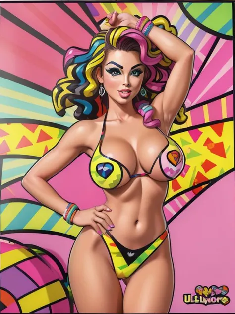 (Vivacious Photo:1.3) of (Ultrarealistic:1.3) photo RAW, portrait, [Aly Michalka|Farrah Fawcett] completely nude,(by Artist Romero Britto:1.3),Highly Detailed
