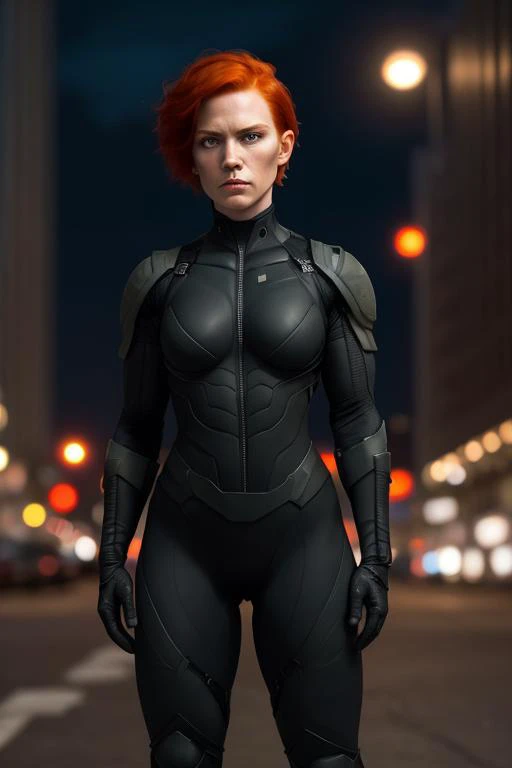 fierce woman, redhead, short hair, in her late thirties, private army soldier, muscular, black private army combat suit, standing, looking at the camera, on chicago street, at night