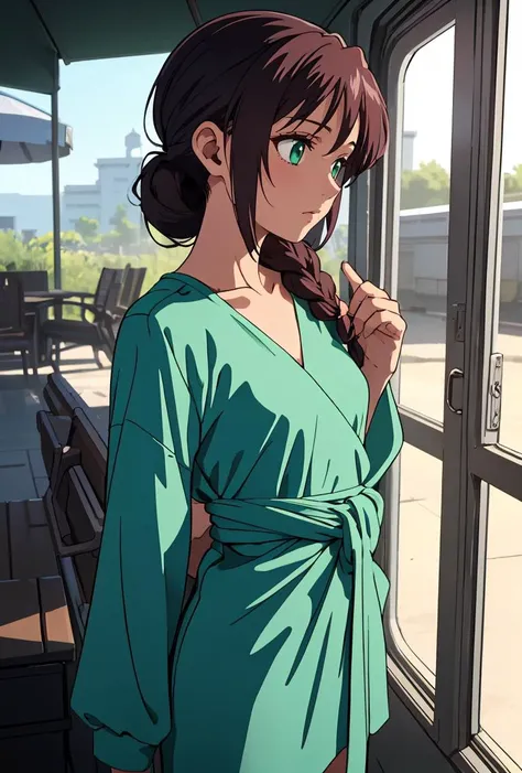 (masterpiece, best quality), 1girl,  Teal Green Low Chignon with Braided Wrap, small breasts,  <lora:EPBlackLagoonStyle:0.8> EPBlackLagoonStyle