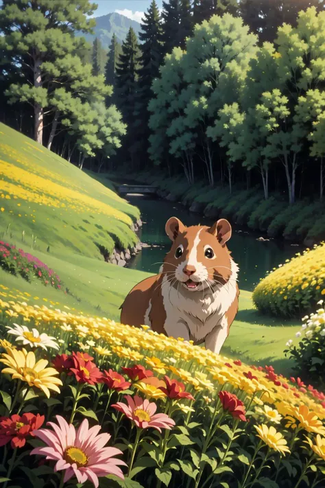 masterpiece, best quality, <lora:EPBlackLagoonStyle-08:1>, EPBlackLagoonStyle, hamster, meadow, flowers