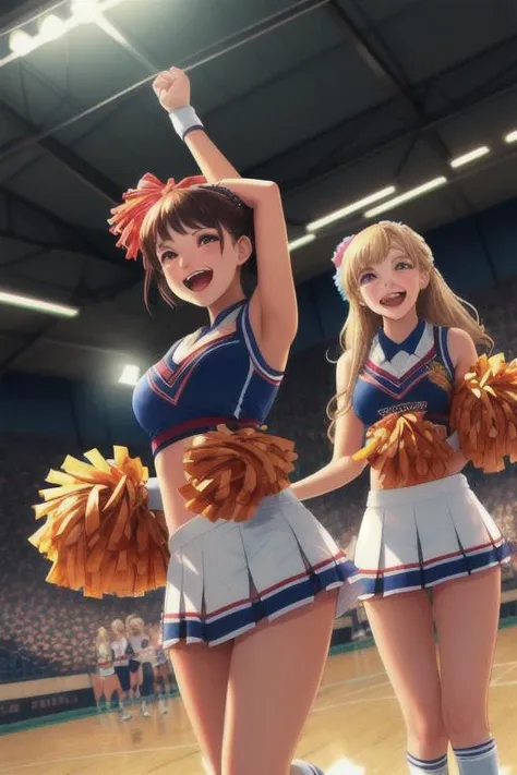 ((multiple girls:1.3)), ((moe style:1.3)), ((cheerleader:1.3)), ((jumping high:1.3)), ((large breasts:1.3)), ((centerfold:1.3)), ((extremely feminine:1.3)), perfect hands, ((perfect face)), ((extremely cute:1.3)), ((masterpiece)), ((8k)), ((best quality)), ((beautiful)), ((extremely detailed:1.3)) , ((absurdres)), AddXL, ((score_9:1.3)), ((score_8_up:1.3)), ((score_7_up:1.3)),