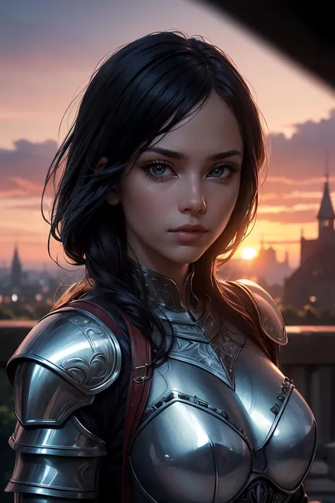 (masterpiece), (extremely intricate:1.2), (realistic), portrait of a girl, the most beautiful in the world, (medieval armor), metal reflections, upper body, outdoors, intense sunlight, far away castle, professional photograph of a stunning woman detailed, sharp focus, dramatic, award winning, cinematic lighting, , volumetrics dtx, (film grain, blurry background, blurry foreground, bokeh, depth of field, sunset, motion blur:1.3), chainmail, <lora:GoodHands-vanilla:1>