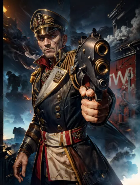 ((best quality)), ((masterpiece)), ((realistic)), (detailed), (action shot), perfect lighting, subsurface scattering, volumetric lighting, (photorealistic:1.2), by brian froud, zdzislaw beksinksi,
(warhammer 40k commissar), (((bionic eye))), wires, cable, old man, military man, grizzled veteran, grim face, determined, (looking at the camera), lean face, detailed face, detailed eyes, symmetric eyes, skin pores, skin texture, freckles, (scars)
tall stature, proud stature, (armed with a gun), gunatyou, aiming at viewer,
epaulets, (black outfit), (gold and red trimmings), clothing details, detailed fabric texture, exquisite
standing on a battlefield, war background, army, soldiers, ww1, explosions, dark sky, smoke
<lora:warhammer 40k commissar:0.75> <lora:add_detail:0.45> <lora:LowRA:0.25> <lora:pointinggun:0.6> <lora:bioniceye:0.15>