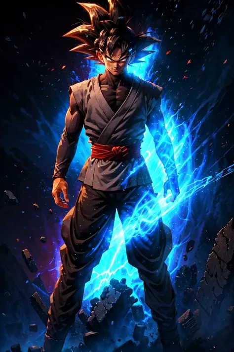 ((masterpiece, best quality)),(complex light),absurdres, highres, 1boy,solo,fighting stance, goku black,black hair,black eyes,blue fire destroyed debris background,smirk,  <lora:goku_black1:0.8>, <lora:on_fire:0.5>, <lora:LAS:0.3>