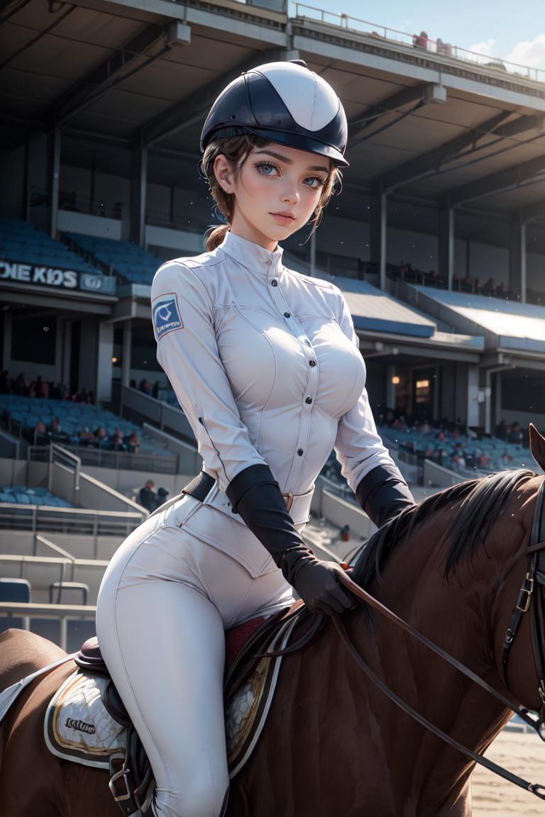 Woman in white riding a horse in a stadium with a crowd - SeaArt AI