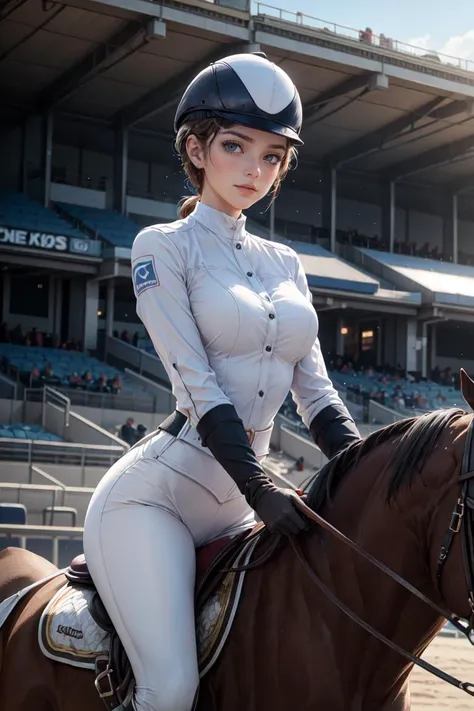 best quality, masterpiece, <lora:more_details:0.3>,<lyco:GoodHands-beta2:1>,a woman, (wearing equitation_outfit, wearing cap:1.1), white equitation_outfit, good hand, head:1.3,finely detailed skin, sharp focus, (cinematic lighting),  dynamic angle,  breasts, outside, Racetrack background,  <lora:equitation_outfit:0.6>,Depth of Field