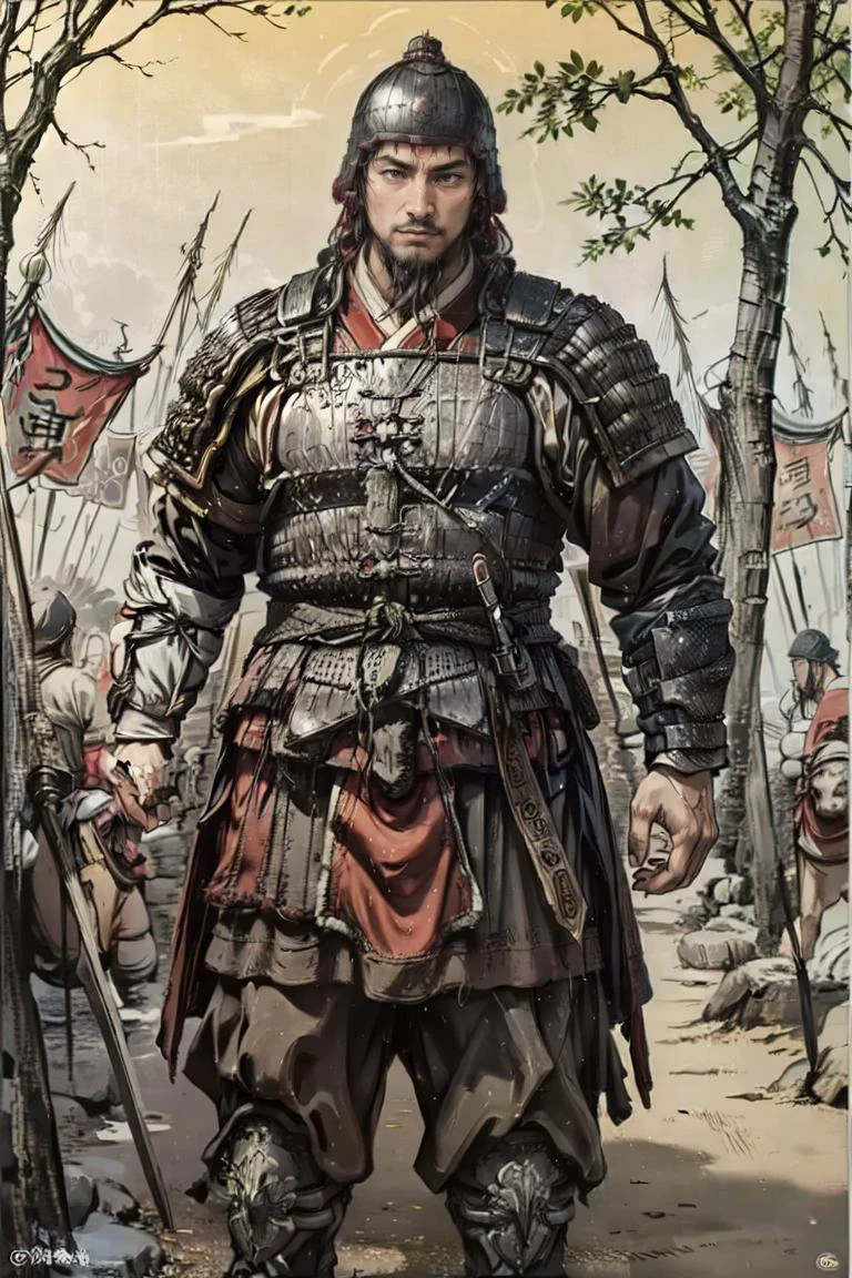 (impasto paintings:1.2),cowboy shot ,realistic, best quality, masterpiece, realistic ,<lora:more_details:0.3>,<lyco:GoodHands-beta2:1>, light and shadow, dappled sunlight, dynamic action pose, , male warrior, physique, beard, solo, long black hair, ancient chinese hair, chinese, ancient china, battleground, volume fog,, han_armor, chinese_armor, zhajia, tongxiukai, xuanjia, helmet ,cinematic pose, <lora:chinese_armor_han:0.7> <lora:Lora-Custom-ModelLiXian:0.3>, <lora:sanguo_v1:0.5>