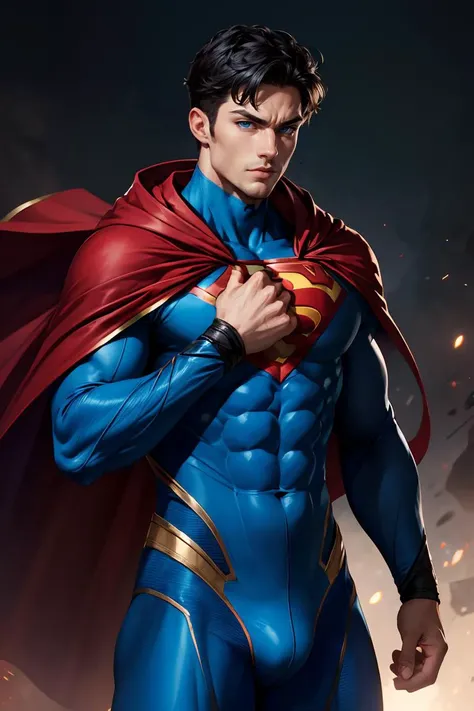 best quality, male focus, 1man, cape, superhero, muscular, black hair, pectorals, short hair, muscular male, red cape, bodysuit, solo, large pectorals, blue bodysuit, clenched hands, closed mouth, skin tight, bara, abs, bulge, thighs, blue eyes, covered abs, <lora:GoodHands-vanilla:1>