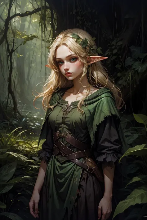 asterpiece, best quality, one young cute woman elf, blonde hair, green torn clothes, nature, green theme, forest overgrown, medieval, (oil painting), bearly,<lora:BearlySD:0.8>