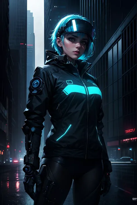 best quality, masterpiece, realistic1girl, lady with cybernetic parts, glowing visor, short light blue hair, techwear, oversized black jacket, skyscraper outdoors, neon rim light, night, rain, volumetric lighting, <lora:GoodHands-vanilla:1>