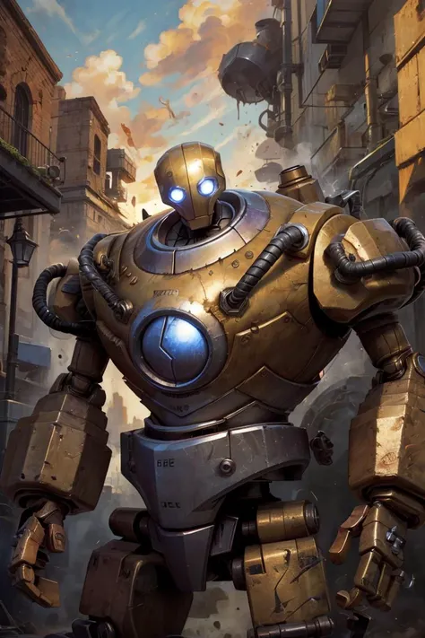 (impasto paintings:1.2),cowboy shot ,realistic, best quality, masterpiece, realistic ,<lora:more_details:0.3>,<lyco:GoodHands-beta2:1>, blitzcrank, robot, mecha armor, mecha, solo, looking at viewer, upper body, cowboy shot, industrial, machinery, <lora:BlitzcrankV2:0.8>, <lora:Alex:0.3>