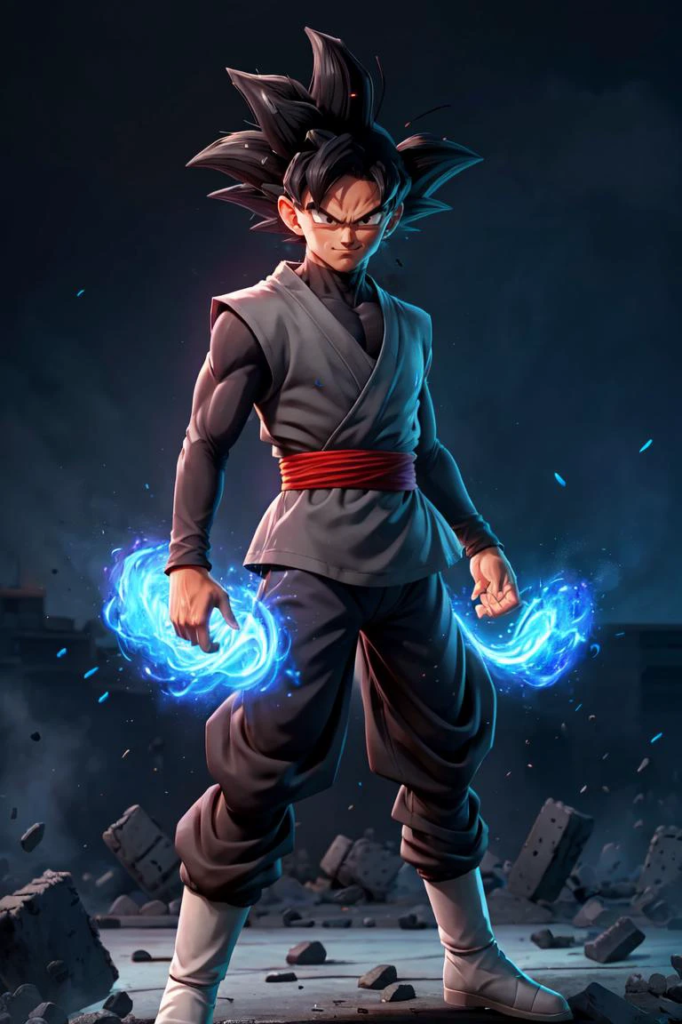 ((masterpiece, best quality)),(complex light),absurdres, highres, 1boy,solo,fighting stance, goku black,black hair,black eyes,blue fire destroyed debris background,smirk, <lora:goku_black1:0.8>, <lora:on_fire:0.3>, <lora:LAS:0.3>