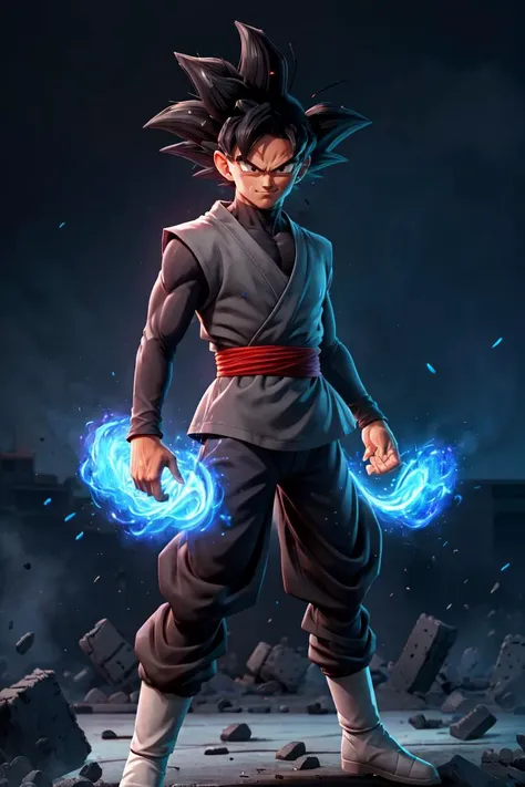 ((masterpiece, best quality)),(complex light),absurdres, highres, 1boy,solo,fighting stance, goku black,black hair,black eyes,blue fire destroyed debris background,smirk,  <lora:goku_black1:0.8>, <lora:on_fire:0.3>, <lora:LAS:0.3>