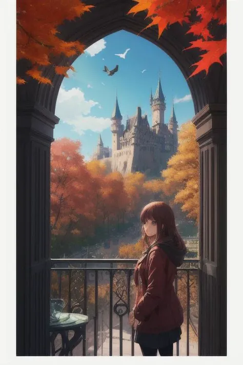 1girl, on balcony, looking at viewer, a castle in the distance, bird eyes view, autumn, architecture, birds, people, scenery, towers, trees, sunny, day, far away view, Direct light, Selective focus, ((illustration)), perfect details, light particles, chromatic aberration, masterpiece, best quality, absurdres, highest quality, amazing details, hyper detail, dramatic light, intricate details