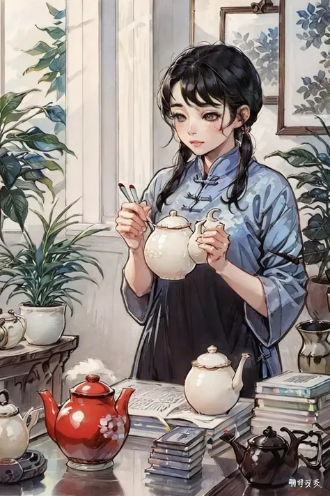 best quality, masterpiece,1gril,solo, holding,(1 teapot:1),black hair, paintbrush, chinese clothes, window, indoors, potted plant,table,chineseelementaryschoolbooks, <lora:china90selementaryschoolbooks:1>, <lora:shuicai_v1:0.3>,