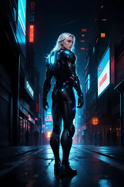 cowboy shot ,realistic, best quality, masterpiece,(1man), (half body), tall young man, ((tangled white long hair)), cyberpunk, cyborg, from_behind,looking_at_viewer, looking_back, fortified suit, black plugsuit, solo, standing, symmetrical eyes, blue eyes, eyeshadows, detailed face and eyes, dynamic lighting, cinematic lighting, volume lighting, ultra high resolution, cyberpunk, night cyberpunk city with neon lighting, <lora:GoodHands-vanilla:1>