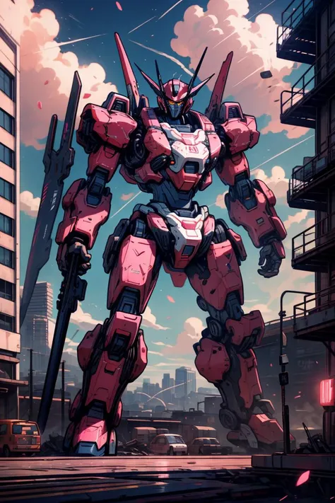 sky, cloud, holding_weapon, no_humans, glowing, , robot, building, glowing_eyes, mecha, science_fiction, city, realistic,light pink mecha <lora:SharpieMecha:1>