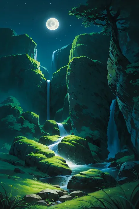 masterpiece, (((best quality))),<lora:Pyramid lora_Ghibli_n3:1>, landscape, dark night, bright  moon, weak star, cliff, wind blowing, green grass, fantasy,  magic world, waterfall,