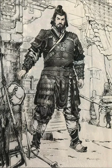 (impasto paintings:1.2),cowboy shot ,realistic, best quality, masterpiece, realistic ,<lora:more_details:0.3>,<lyco:GoodHands-beta2:1>,  light and shadow, dappled sunlight, dynamic action pose, , male warrior, physique, beard,  solo, long black hair, ancient chinese hair, chinese, ancient china, battleground, volume fog,, han_armor, chinese_armor, zhajia, tongxiukai, xuanjia, helmet ,cinematic pose,   <lora:chinese_armor_han:0.7>   <lora:Lora-Custom-ModelLiXian:0.3>,  <lora:sanguo_v1:1>