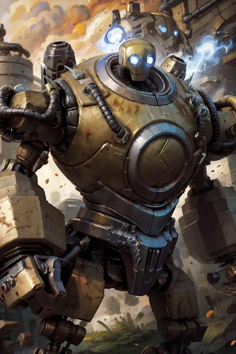 (impasto paintings:1.2),cowboy shot ,realistic, best quality, masterpiece, realistic ,<lora:more_details:0.3>,<lyco:GoodHands-beta2:1>, blitzcrank, robot, mecha armor, mecha, solo, looking at viewer, upper body, cowboy shot, industrial, machinery, <lora:BlitzcrankV2:1>, <lora:Alex:0.3>