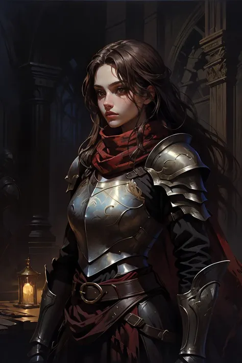 masterpiece, best quality, 1girl inside a dark room, long hair, brown eyes, armor, breastplate, brown belt, fantasy, (oil painting), red scarf, upper body, dark, night, no light , <lora:BearlySD:0.8>, <lora:Alex-000012:0.2>