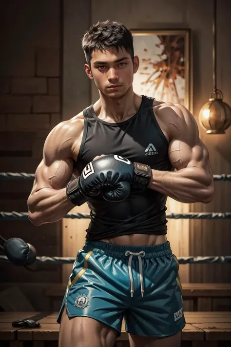 (impasto paintings:1.2),cowboy shot ,realistic, best quality, masterpiece, realistic ,<lora:more_details:0.3>,<lyco:GoodHands-beta2:1>, (detailed face), detailed background,dramatic lighting, 1man, boxing gloves, male focus, solo, dark skin, dark-skinned male, muscular, shorts, blue shorts, <lyco:GPTS4 dreamwave full_478773:0.5> ,cinematic pose, <lora:Lora-Custom-ModelLiXian:0.4>