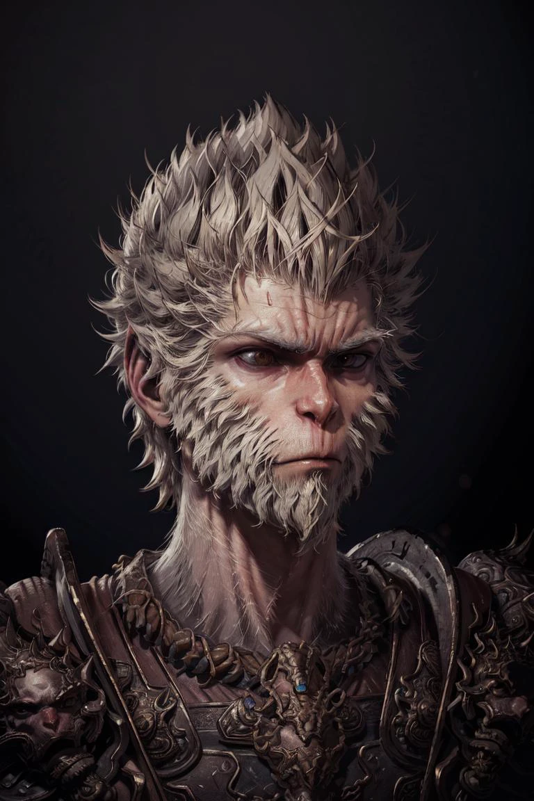 black monkey king, 1boy, solo, male focus, beard, armor, portrait, looking at viewer, realistic, closed mouth, close-up, shoulder armor, black background, scar ,<lora:BlackMonkeyKing_v01:0.85>