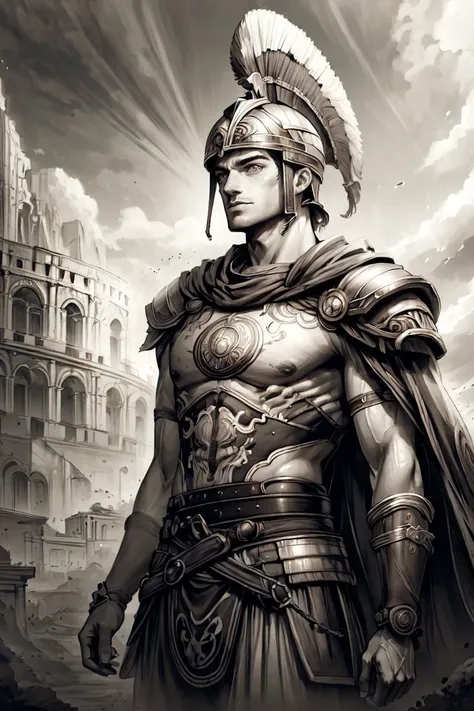 <lora:PencilSketch:0.8>,(pencilsketch:1.2), (monochrome:1.4),cowboy shot ,realistic, best quality, masterpiece, realistic ,<lora:more_details:0.5>,<lyco:GoodHands-beta2:1>, (Absurdres, intricate details, masterpiece, best quality, high resolution, 8k), GS-DeFeminize, (1man), (male:1.2), mature, dandy face, finely detailed eyes and face, athletic body, masculine appeal, commanding presence, mocha skin, ancient Roman man, Mediterranean, hazel eyes, auburn crew cut hair, stubble shaving, frustrated, lavish details, lorica segmentata full armor, galea helmet, flutter cape, cinematic pose, rome city background, romanarmy, <lora:GrecoRomaPunkAI:1>,fantrome, roman soldier, roman city, roman pillars, <lora:fantrome_v3:0.6>, romapunkai,, Depth of Field, VFX, Focal Pull, High Angle Shot, Front Lighting, Tone-mapping, Ambient Occlusion, Secondary Fill Light, Spectacular Map, Atmospheric Perspective.
